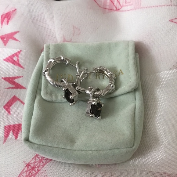 Vintage Judith Ripka Hoop Earrings With Natural Cushion Cut Smoky Quartz Charms - Picture 9 of 15